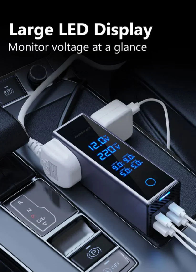 300W Car Power Inverter – Fast Charging Adapter with Dual PD Type-C, QC 3.0 USB & AC Socket